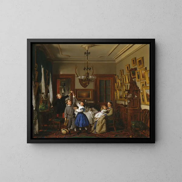 Das Wettbewerb um den Blumenstrauß. Die Familie von Robert Gordon in ihrem Esszimmer in New York. - Seymour Joseph Guy — gerahmtes Bild an der Wand
