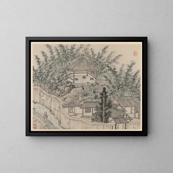 Pavillon de bambou, colline du Tigre - Shen Zhou — gerahmtes Bild an der Wand