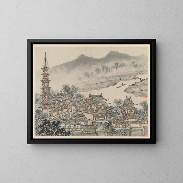 Der Saal der tausend Buddha und die Pagode des Klosters der Wolkenfels - Shen Zhou — gerahmtes Bild an der Wand