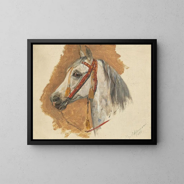 Kopf eines Pferdes mit rotem Zaumzeug - Sigmund L'Allemand — gerahmtes Bild an der Wand
