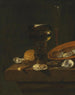 a painting of a wine glass carved with sweet and red wine in Venice, shaped with oysters in an overturned dish and bread on a ledge - Simon Luttichuys — artwork view