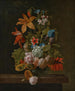 Tulips, roses, irises, and various flowers in a glass vase on a stone ledge - Simon Verelst — artwork view