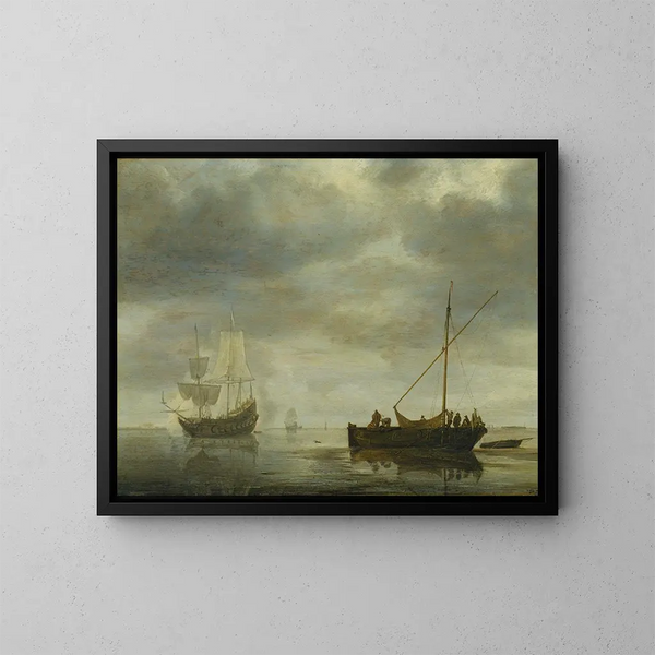 Ein Meister und eine Fregatte, die auf einem ruhigen Meer Salut schießt - Simon de Vlieger — gerahmtes Bild an der Wand