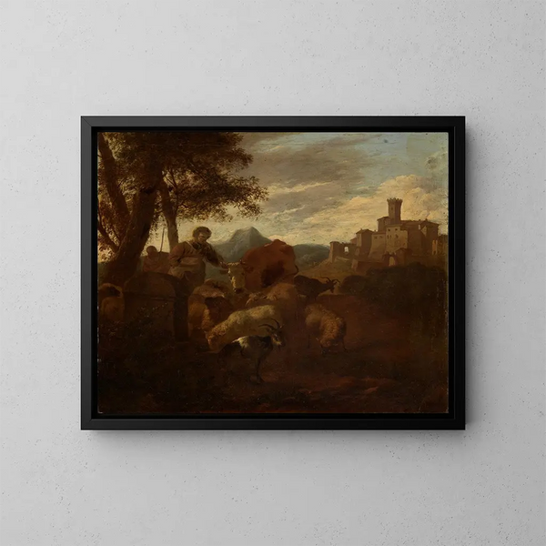 Hirten und Herde in einer südlichen Landschaft - Simon van der Does — gerahmtes Bild an der Wand