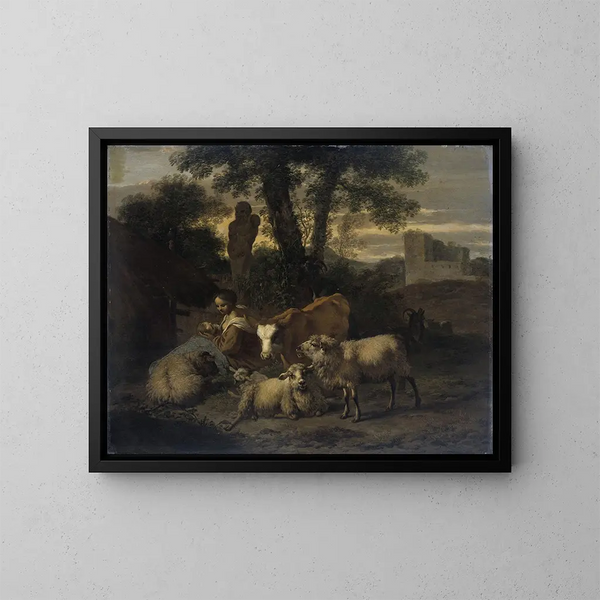 Italienisches Landschaftsgemälde mit Schäferin und Herden - Simon van der Does — gerahmtes Bild an der Wand