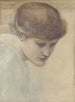 Studie eines Kopfes von Dorothy Dene, die nach unten schaut, für Die goldenen Treppen - Sir Edward Coley Burne-Jones — Ansicht des Kunstwerks