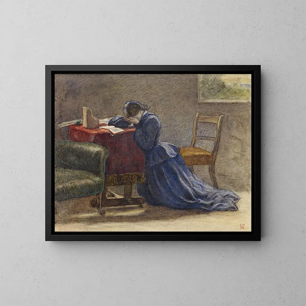 Eine Frau, die ihr Gesicht mit beiden Händen hält, kniend auf dem Teppich - Sir John Everett Millais — gerahmtes Bild an der Wand