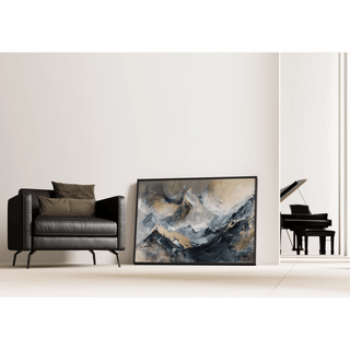 Tableau Abstrait – Élévation Minérale | Affiche Murale Montagne Stylisée aux Tons Neutres et Détails Dorés | Déco Élégante pour Salon ou Bureau Moderne