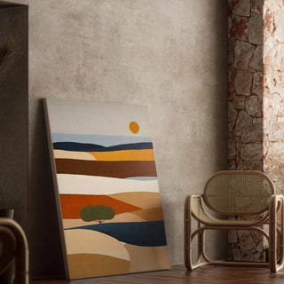 Tableau Coloré – Soleil d’Argile | Affiche Paysage Stylisé Terre Cuite et Tons Naturels | Déco Bohème pour Salon ou Chambre