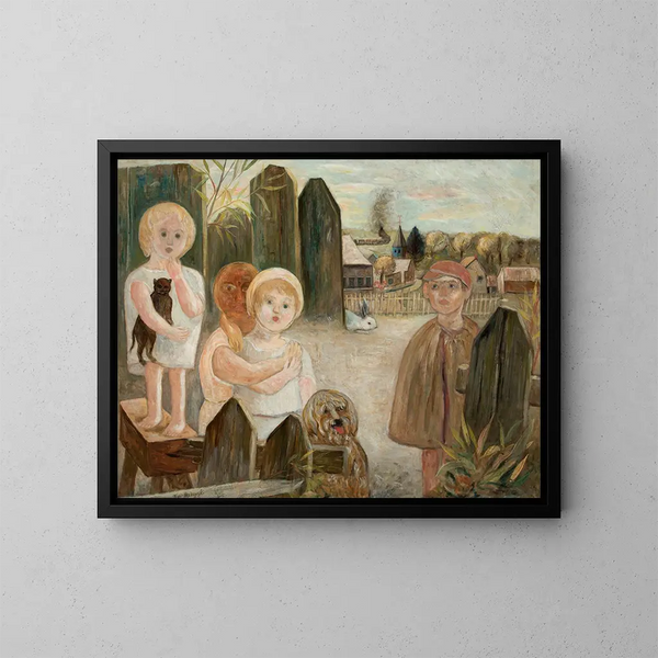 Bambini in un cortile di villaggio - Tadeusz Makowski — quadro incorniciato alla parete