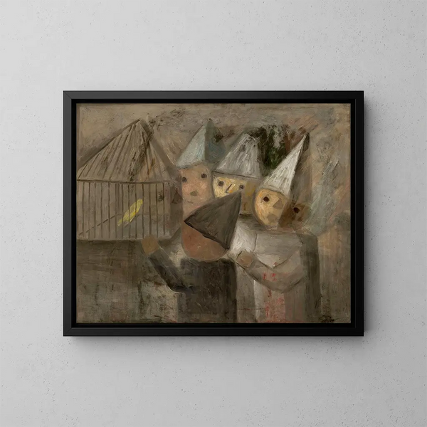 Bambini davanti a una gabbia con un canarino - Tadeusz Makowski — quadro incorniciato alla parete