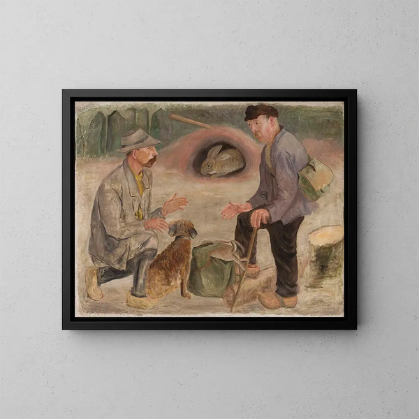 Conversazione con un cacciatore - Tadeusz Makowski — quadro incorniciato alla parete
