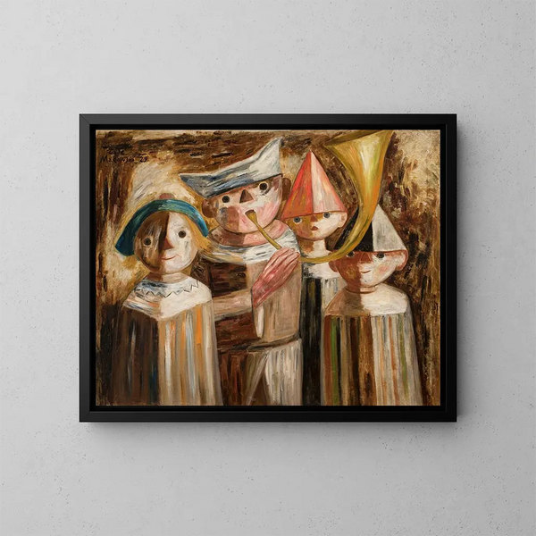 Vier Kinder mit einer Trompete - Tadeusz Makowski — gerahmtes Bild an der Wand