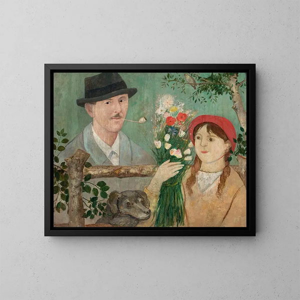Idylle près d'une clôture, autoportrait de fille avec des fleurs et un chien - Tadeusz Makowski — gerahmtes Bild an der Wand