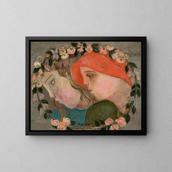 Due teste di bambine in una ghirlanda di fiori - Tadeusz Makowski — quadro incorniciato alla parete