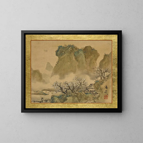eines Landhauses in einem Tal mit einem blühenden Pflaumenbaum - Tani Bunchō — gerahmtes Bild an der Wand
