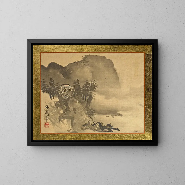 Eine Haus auf einer Klippe mit Bergen im Hintergrund - Tani Bunchō — gerahmtes Bild an der Wand