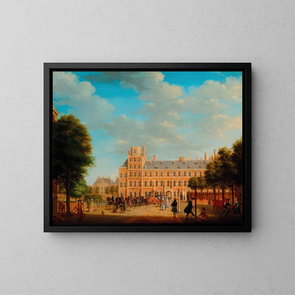 Vue de La Haye avec le prince Guillaume V et le duc Louis Ernest de Brunswick-Lunebourg quittant le Buitenhof - Tethart Philip Christian Haag — gerahmtes Bild an der Wand
