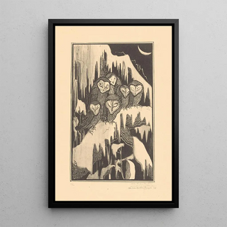 Theo van Hoytema - Zes kerkuilen slapend op besneeuwde takken.webp