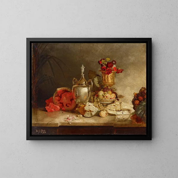 Stillleben mit Früchten und einer Urne - Theodore Clement Steele — gerahmtes Bild an der Wand