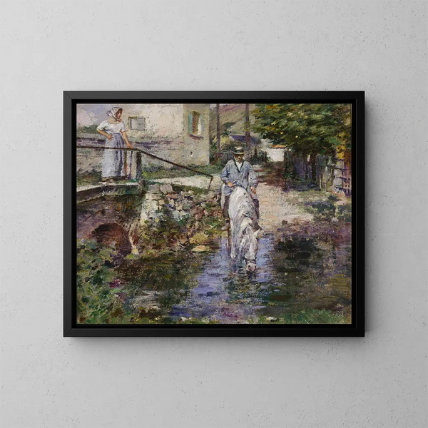 Pré Trognon und seine Tochter an der Brücke - Theodore Robinson — gerahmtes Bild an der Wand