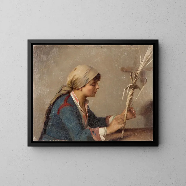 Junge Frau, die Weidenzweige webt - Theodoros Ralli — gerahmtes Bild an der Wand
