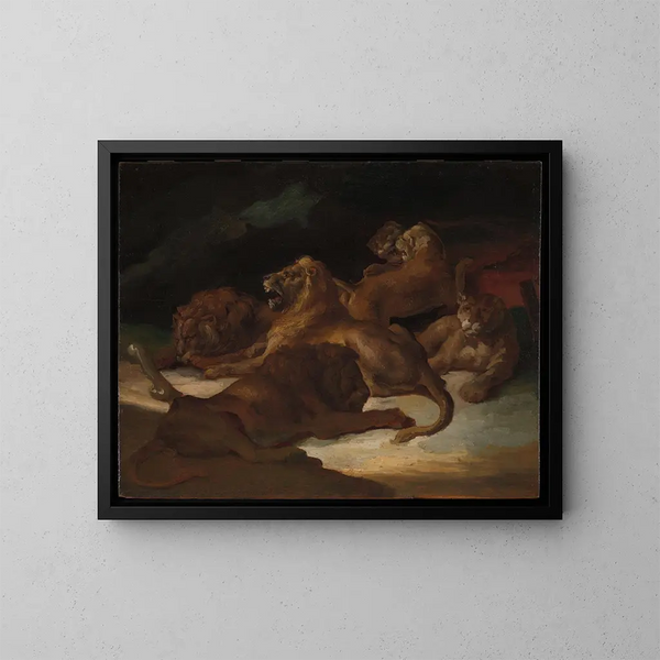 Lions in un paesaggio montano - Théodore Géricault — quadro incorniciato alla parete