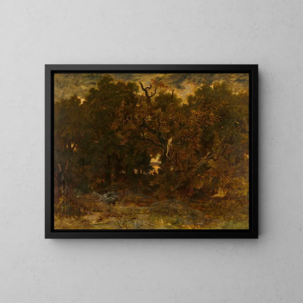 Sonnenuntergang im Fontainebleau-Wald - Théodore Rousseau — gerahmtes Bild an der Wand
