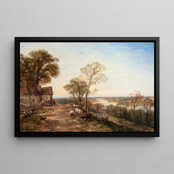 Thomas Creswick - Riverscape with cottage and grazing cattle near Bala North Wales.webp