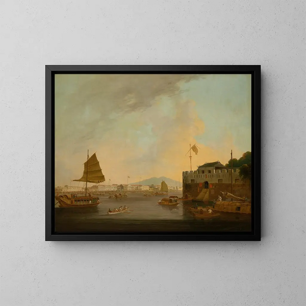 Die europäischen Fabriken und der niederländische Wahnsinn am Fort Canton seit Südwesten des Flusses Canton - Thomas Daniell — gerahmtes Bild an der Wand