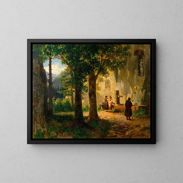 Preghiera vicino a una fonte sacra, paesaggio con fontana - Thomas Ender — quadro incorniciato alla parete