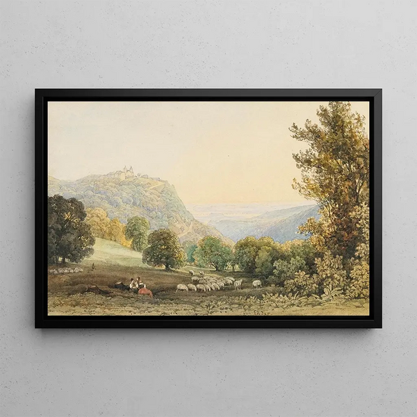 Vista del Leopoldsberg con donne al riposo e pecore in primo piano - Thomas Ender — quadro incorniciato alla parete