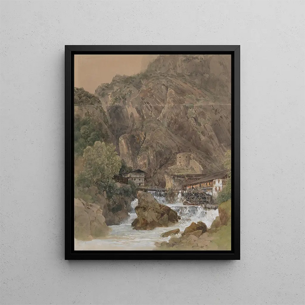 Thomas Ender - Wehranlage mit Wasserrdern und Turm.webp