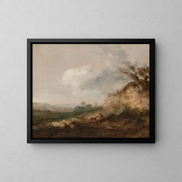 Ein Hirte mit seinem Hund in einer Landschaft, seine Herde ruht in der Nähe einer Düne im Vordergrund - Thomas Gainsborough — gerahmtes Bild an der Wand