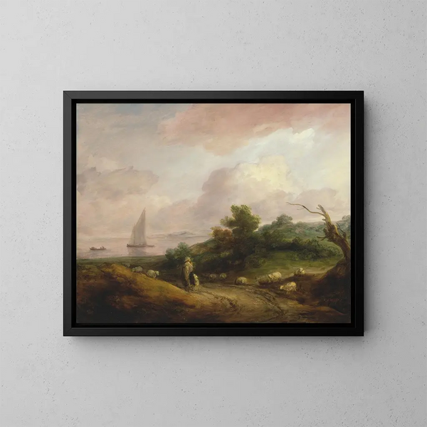 Küstenlandschaft mit einem Hirten und seiner Herde - Thomas Gainsborough — gerahmtes Bild an der Wand