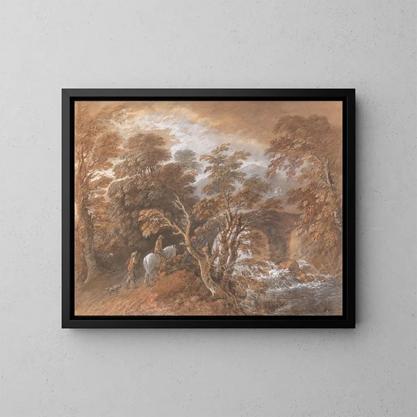 Landschaft mit Hügeln und herannahenden Figuren vor einer Brücke - Thomas Gainsborough — gerahmtes Bild an der Wand