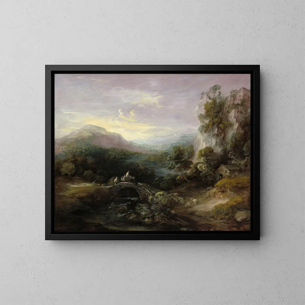 Landschaft mit Brücke in den Bergen - Thomas Gainsborough — gerahmtes Bild an der Wand