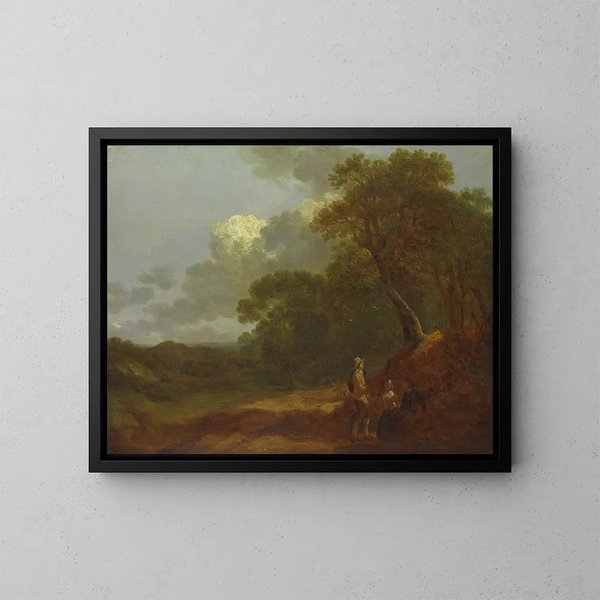 Landschaft mit Bäumen, mit einem Mann, der mit zwei sitzenden Frauen spricht - Thomas Gainsborough — gerahmtes Bild an der Wand