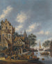 a city by a river with figures at the water's edge - Thomas Heeremans — artwork view