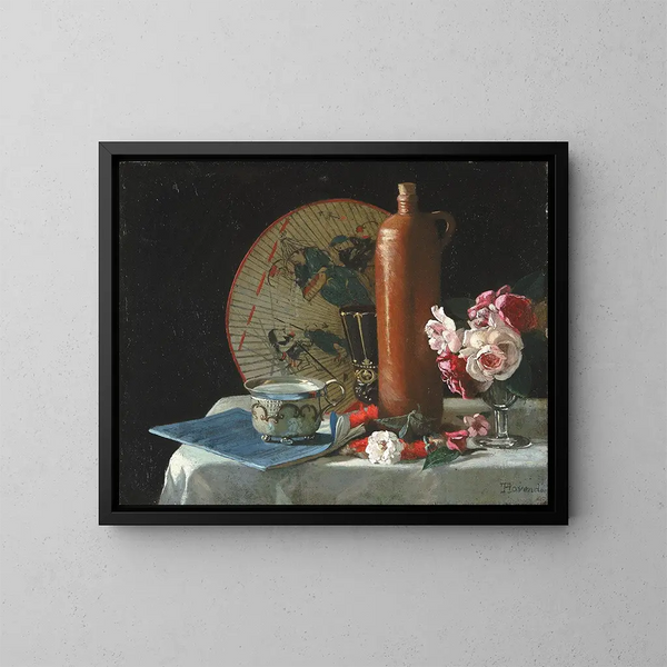 Stillleben mit Fächer und Rosen - Thomas Hovenden — gerahmtes Bild an der Wand