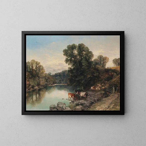 Bétail und Schafe am Flussufer - Thomas Sidney Cooper — gerahmtes Bild an der Wand