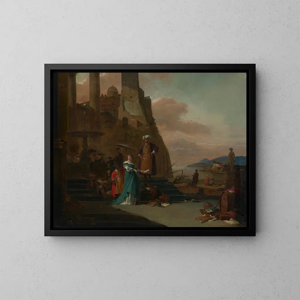 Elegante Figuren, darunter ein Mann in türkischer Tracht am Kai eines mediterranen Hafens - Thomas Wijck — gerahmtes Bild an der Wand