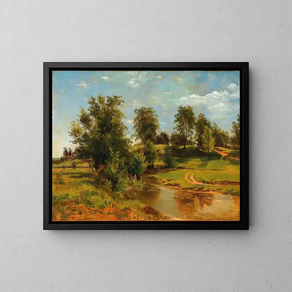 Un paesaggio ondulato con un ruscello - Tina Blau — quadro incorniciato alla parete