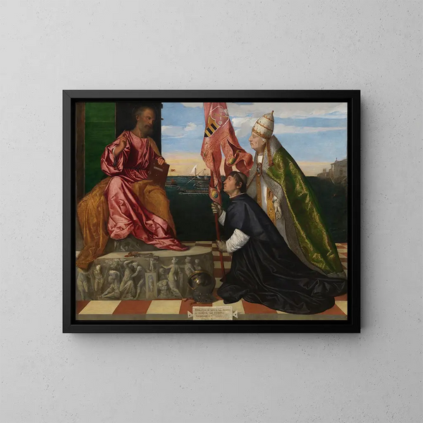 Der Papst Alexander VI. präsentiert Bischof Jacopo Pesaro an den heiligen Petrus - Titian — gerahmtes Bild an der Wand