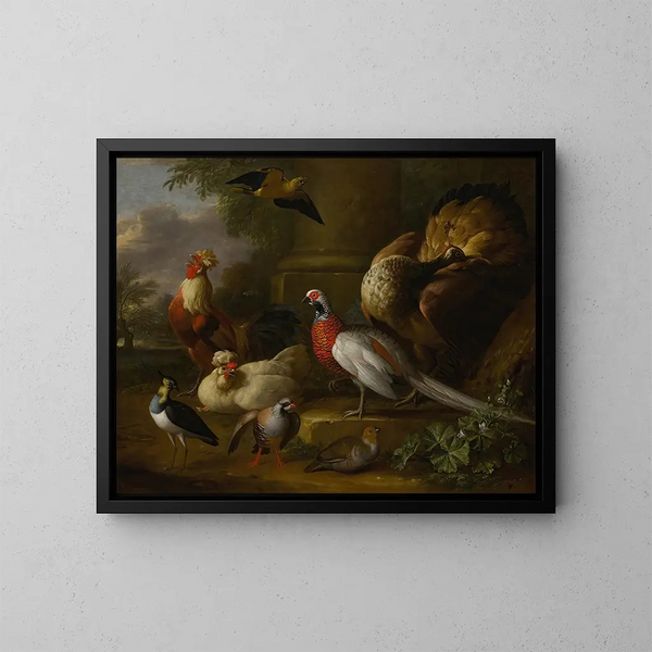 Pfauen, Fasane, Hühner, Rebhühner und ein Kiebitz in einer Landschaft - Tobias Stranover — gerahmtes Bild an der Wand