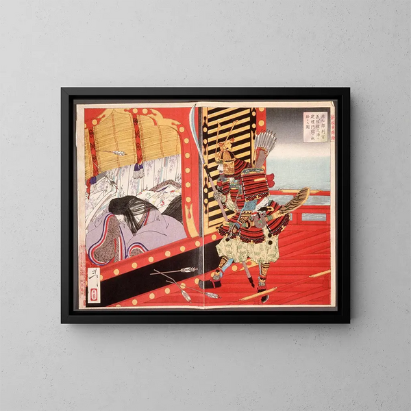 Minamoto no Yoshitsune che salva Kenrei Monin durante la battaglia di Dannoura - Tsukioka Yoshitoshi — quadro incorniciato alla parete