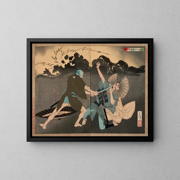Murai Chan che uccide il suo giovane fratello all'incrocio - Tsukioka Yoshitoshi — quadro incorniciato alla parete