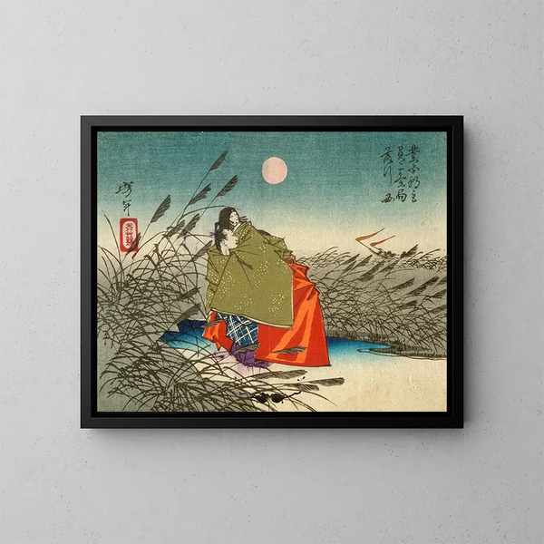 Narihira e Nij no Tsubone al fiume Fuji - Tsukioka Yoshitoshi — quadro incorniciato alla parete