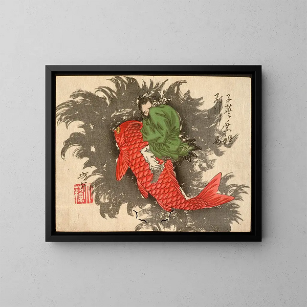 Shiei chevauchant une carpe au-dessus de la mer - Tsukioka Yoshitoshi — gerahmtes Bild an der Wand