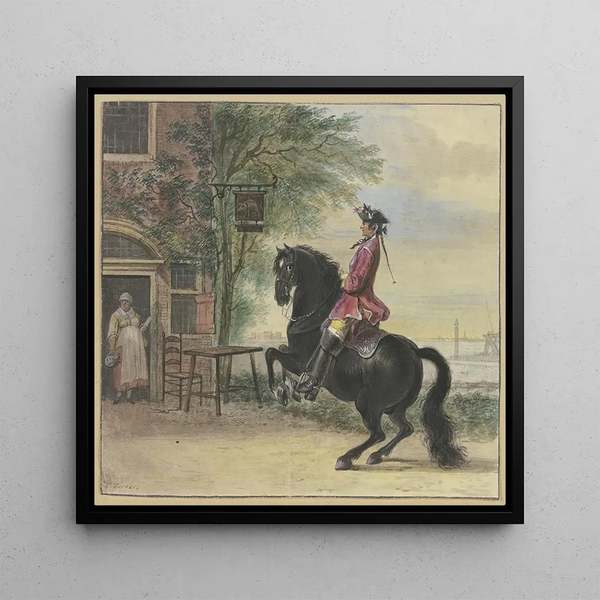 Un cavalier avec tricorne et tresse en arrière-plan, un paysage de canal - Cornelis Troost